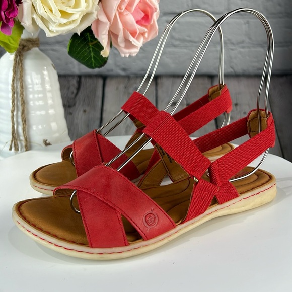 Born Shoes - BORN SPRINGS Red Leather Strappy Elastic Flat Sandals